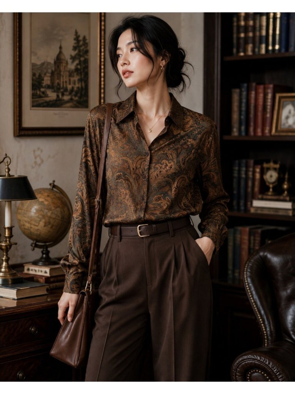 Talbots Pure Silk Paisley Blouse Size 8 Dark Academia Brown Button Down Shirt